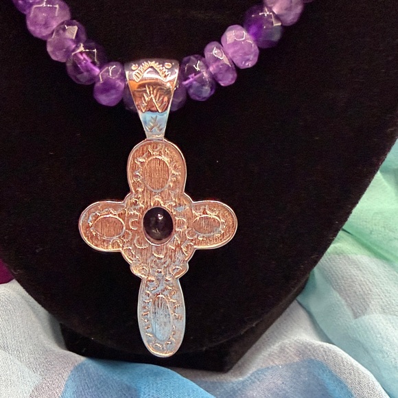 Jay King Amethyst, Turquoise, Red. Coral, & Sterling Silver Cross Necklace. - Picture 5 of 8
